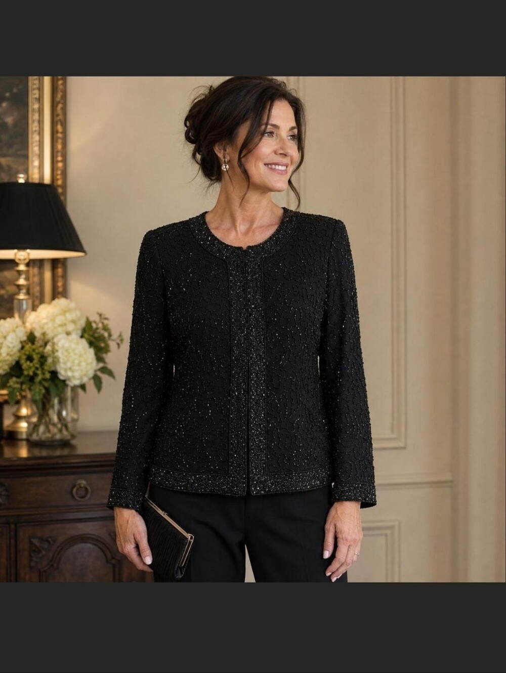Laurence Kazar Black Beaded Open-Front Jacket